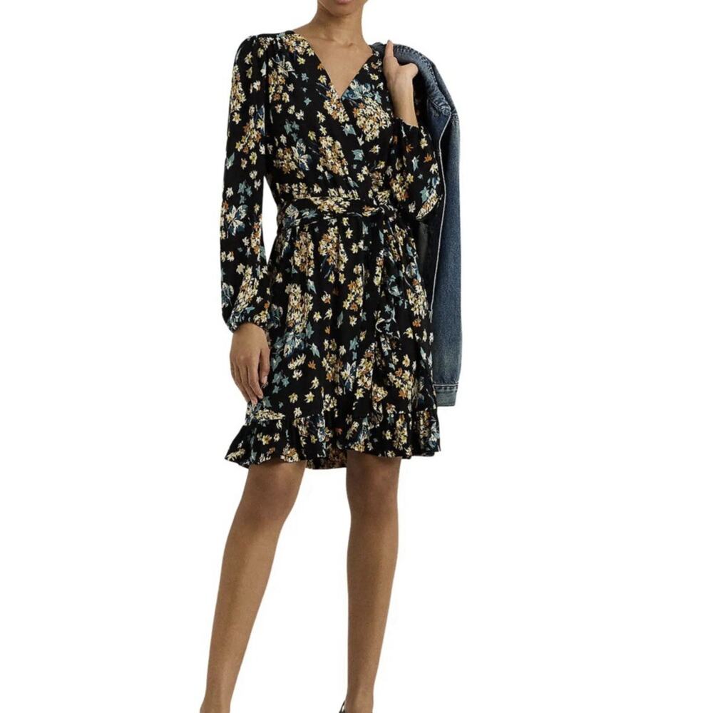 Lauren Ralph Lauren Floral Long Sleeve Faux Wrap Jersey Dress Sz Large Old Money